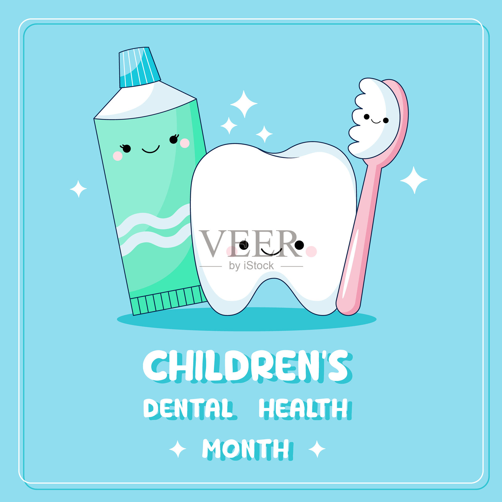 儿童牙齿健康月。可爱的儿童牙科和口腔卫生角色插画图片素材