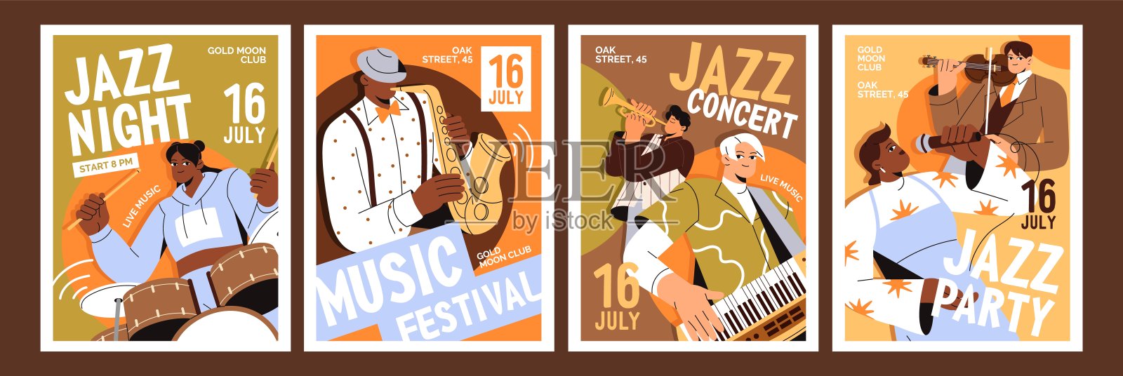 爵士音乐会活动海报设计套件。音乐家演奏乐器的表演推广模板。爵士乐手在节日派对上演奏萨克斯风的表演。平面矢量插图。插画图片素材