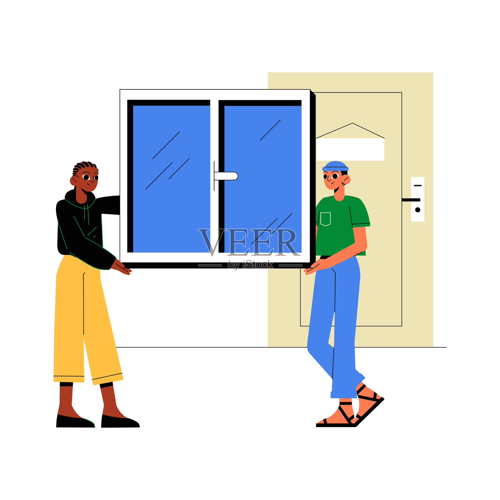 两个男性角色在平面矢量插图中搬运窗框,象征着家庭装修、搬家和团队合作,背景为白色。插画图片素材
