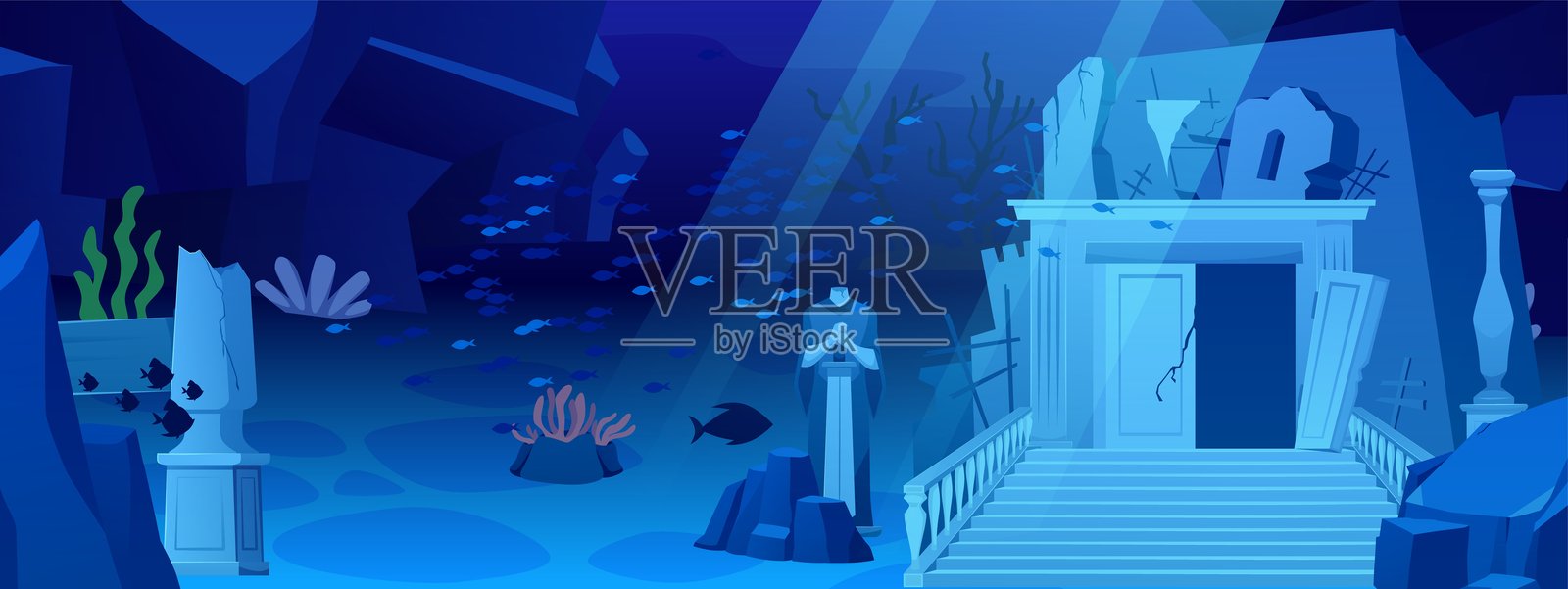 亚特兰蒂斯水下城市的矢量插图,柱子和雕像被鱼群环绕插画图片素材