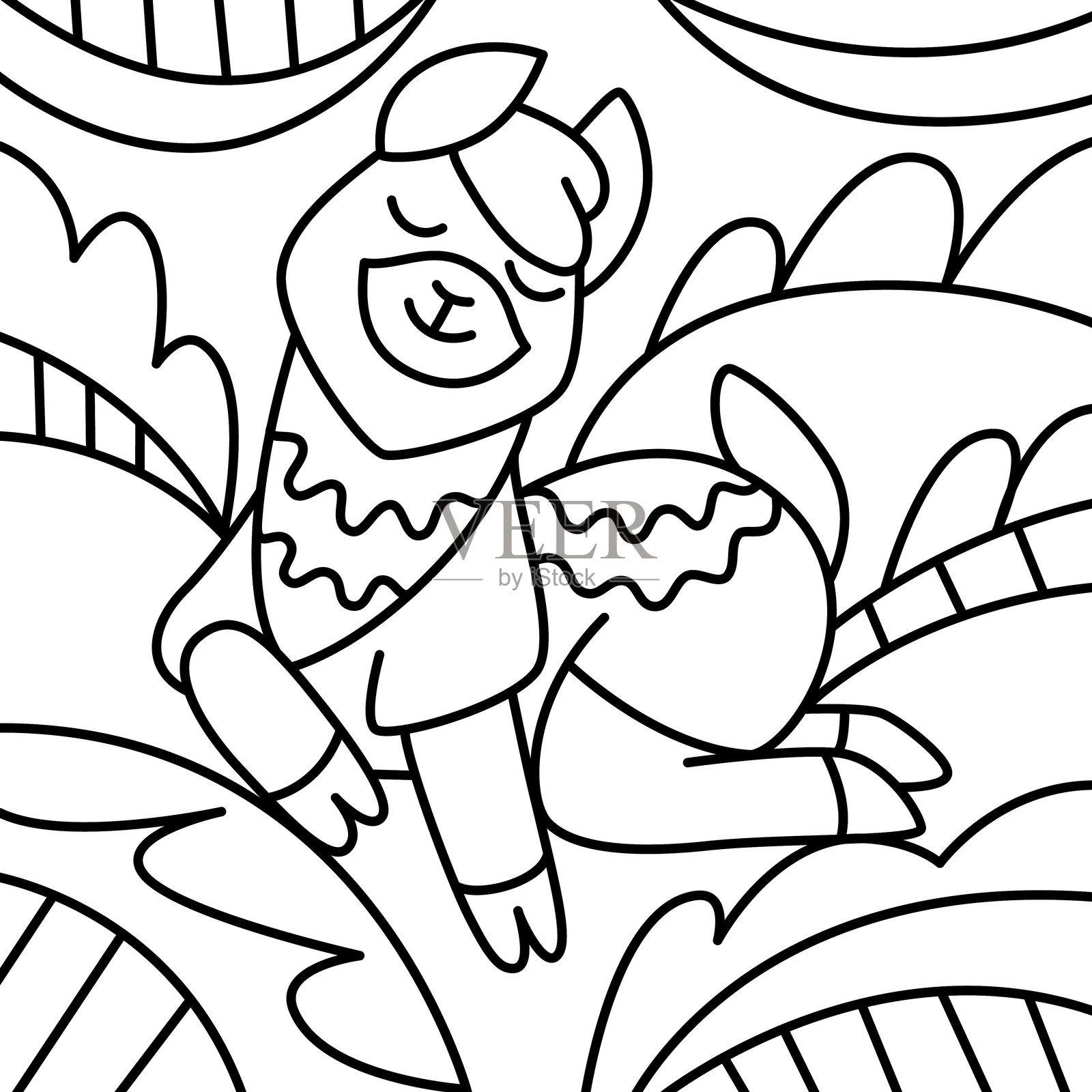 适合涂色书的线条风格的羊驼插图。插画图片素材