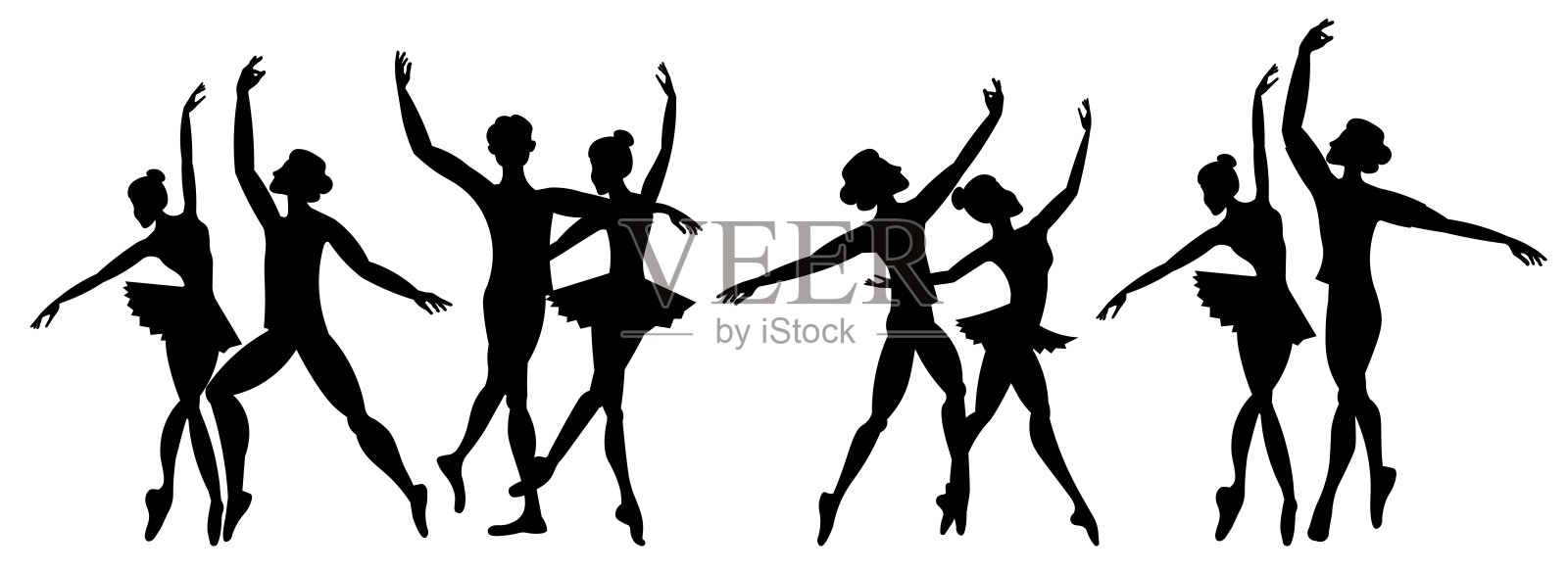 矢量人物。芭蕾舞情侣。芭蕾舞者图标。舞蹈情侣剪影集。美丽的芭蕾舞情侣在跳舞。矢量插图,独立展示。插画图片素材