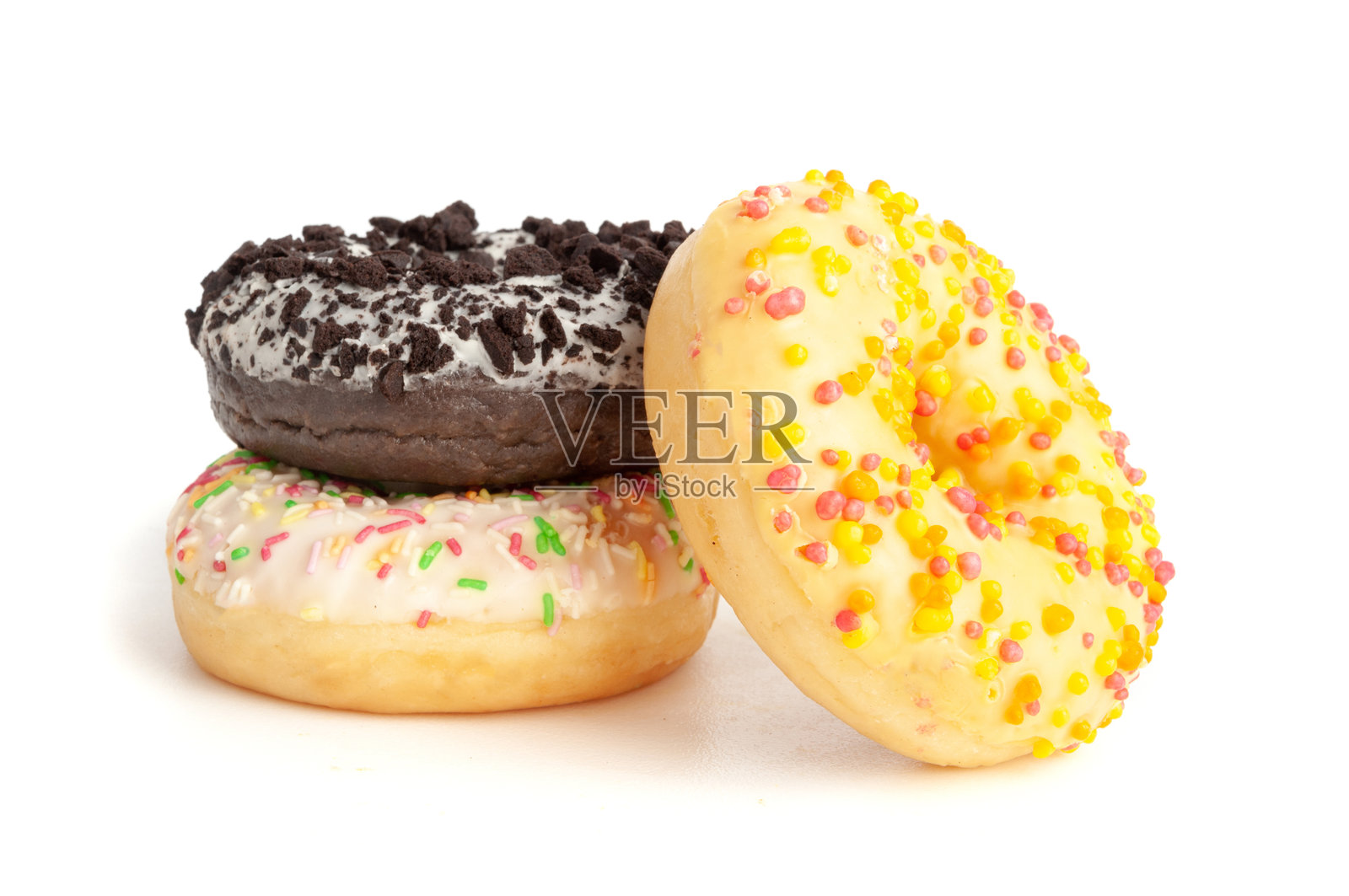 巧克力棕色和粉色的多彩糖霜甜甜圈照片摄影图片