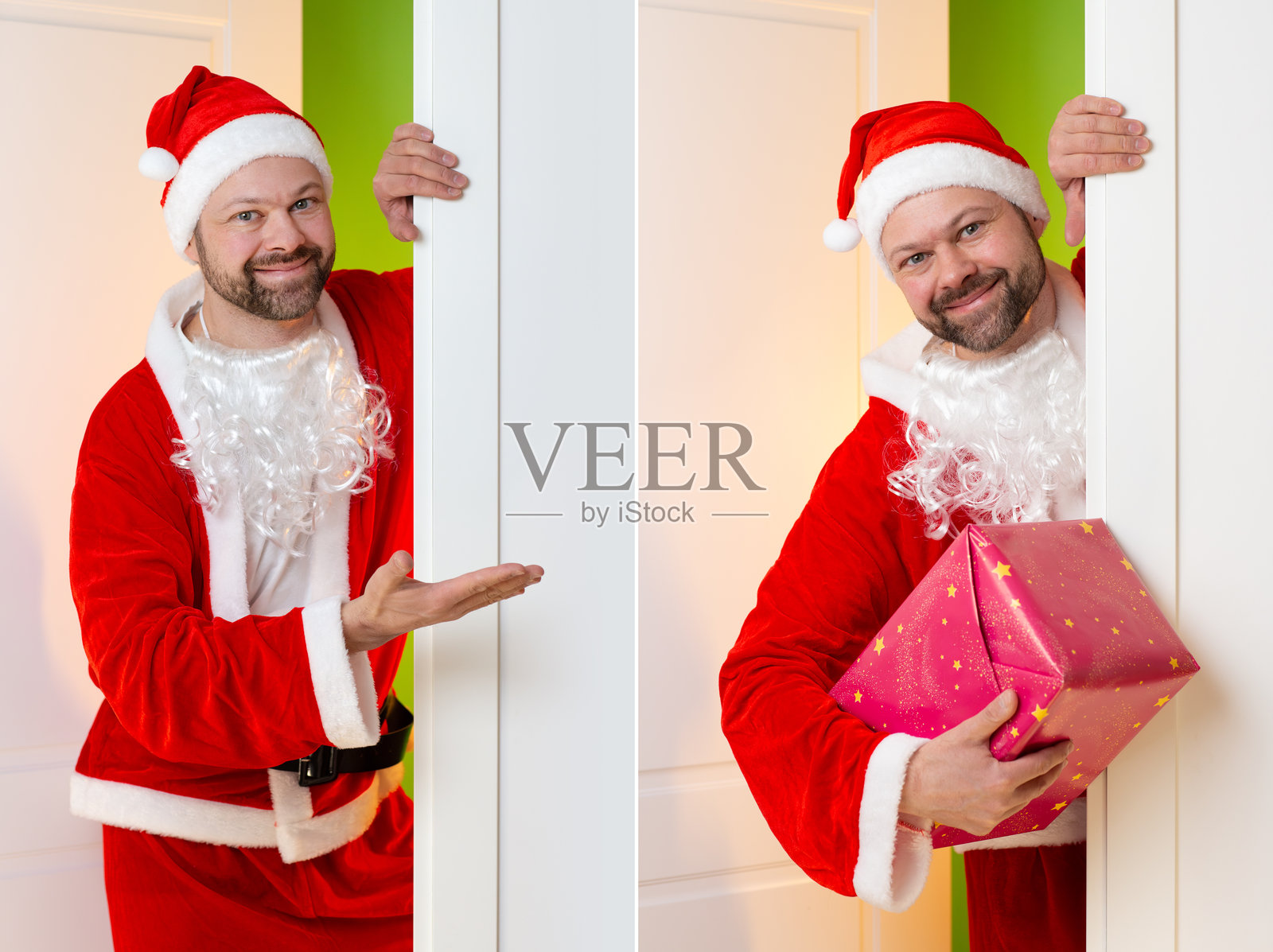 穿着圣诞老人服装的幽默帅气微笑男子照片摄影图片