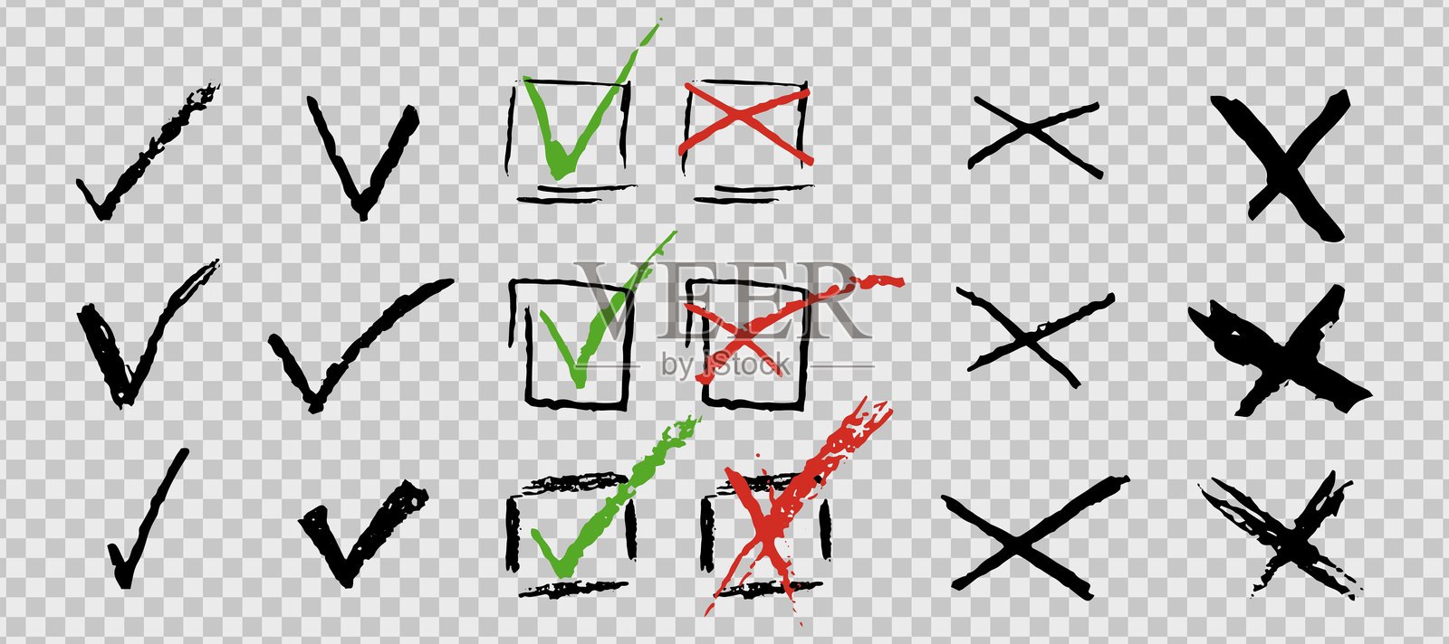待办事项或投票的勾选和叉号集合。用于是或否回答测试问题的矢量元素。红色、黑色、绿色和木炭色铅笔的正确或错误符号。涂鸦风格的勾号和叉号。插画图片素材