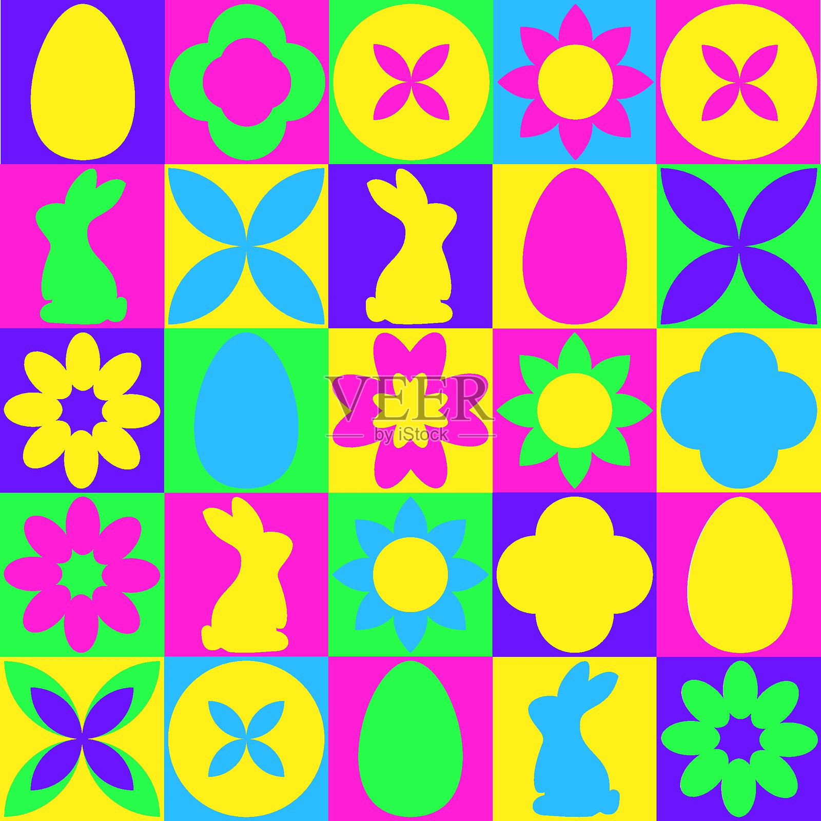 复活节无缝图案,适用于包装纸和贺卡设计,色彩丰富的几何背景插画图片素材