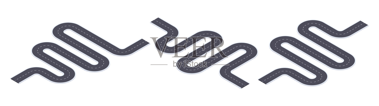 城市蜿蜒的道路。等距蜿蜒的交叉路口,3D矢量插图集的道路图。城市交叉口路径。插画图片素材