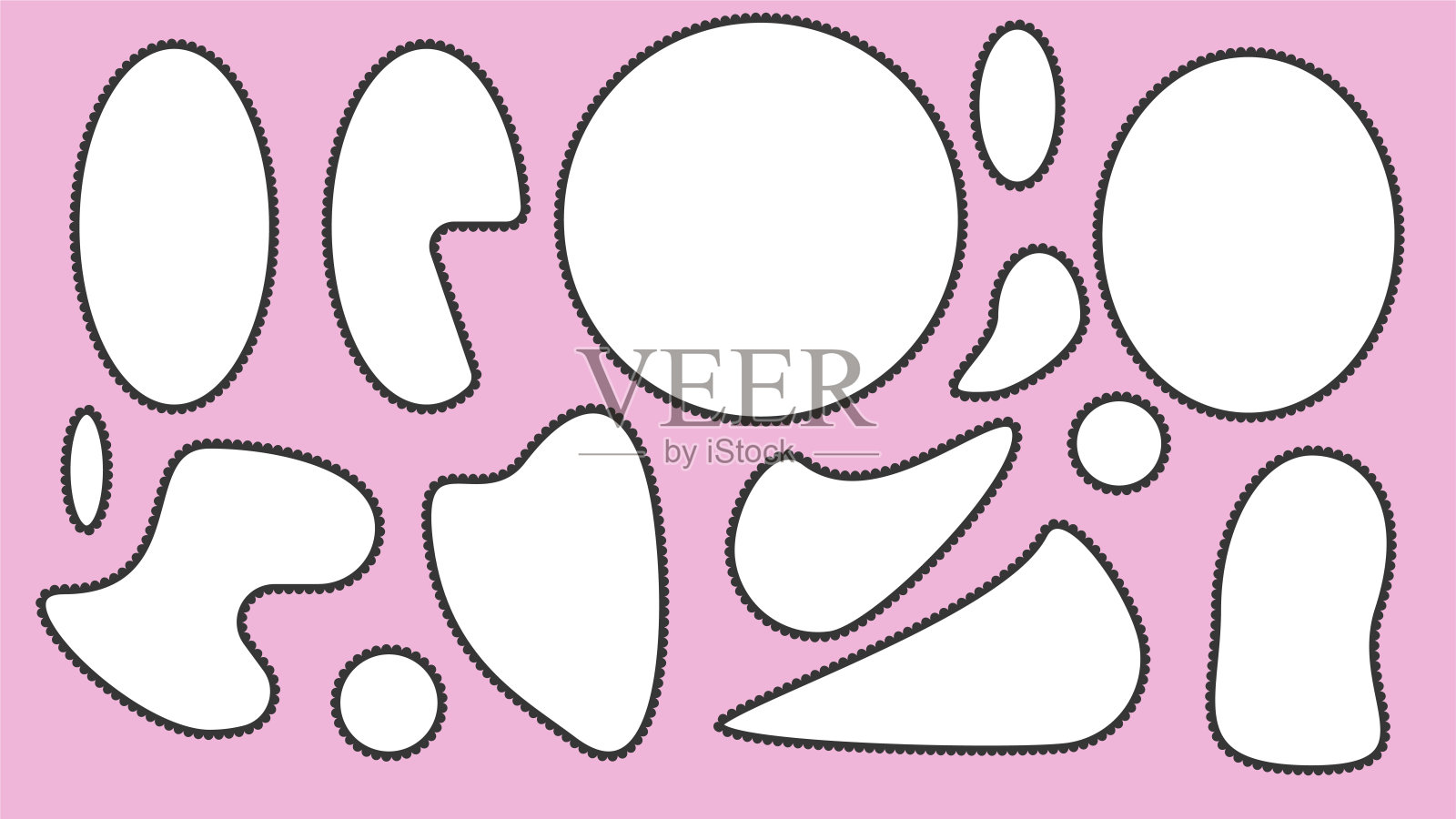 扇贝边框模板套件。椭圆形和不规则的野兽派形状。几何边框带有穿孔。标签文本框蕾丝花边包。时尚的空白布局块。矢量平面插图。插画图片素材