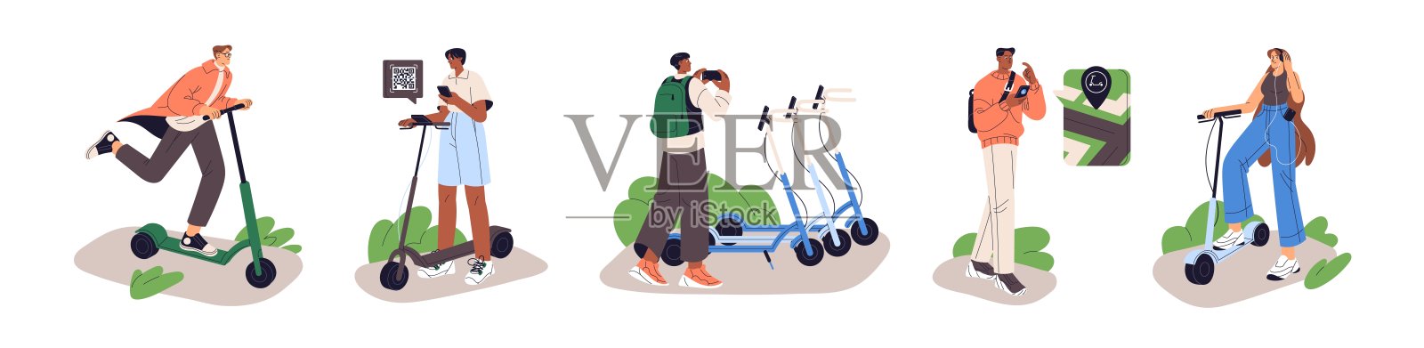 一组骑租赁电动滑板车的人。男女通过应用程序在线租用共享电动滑板车。角色们在城市生态交通中走过。白色背景上的平面孤立矢量插图。插画图片素材
