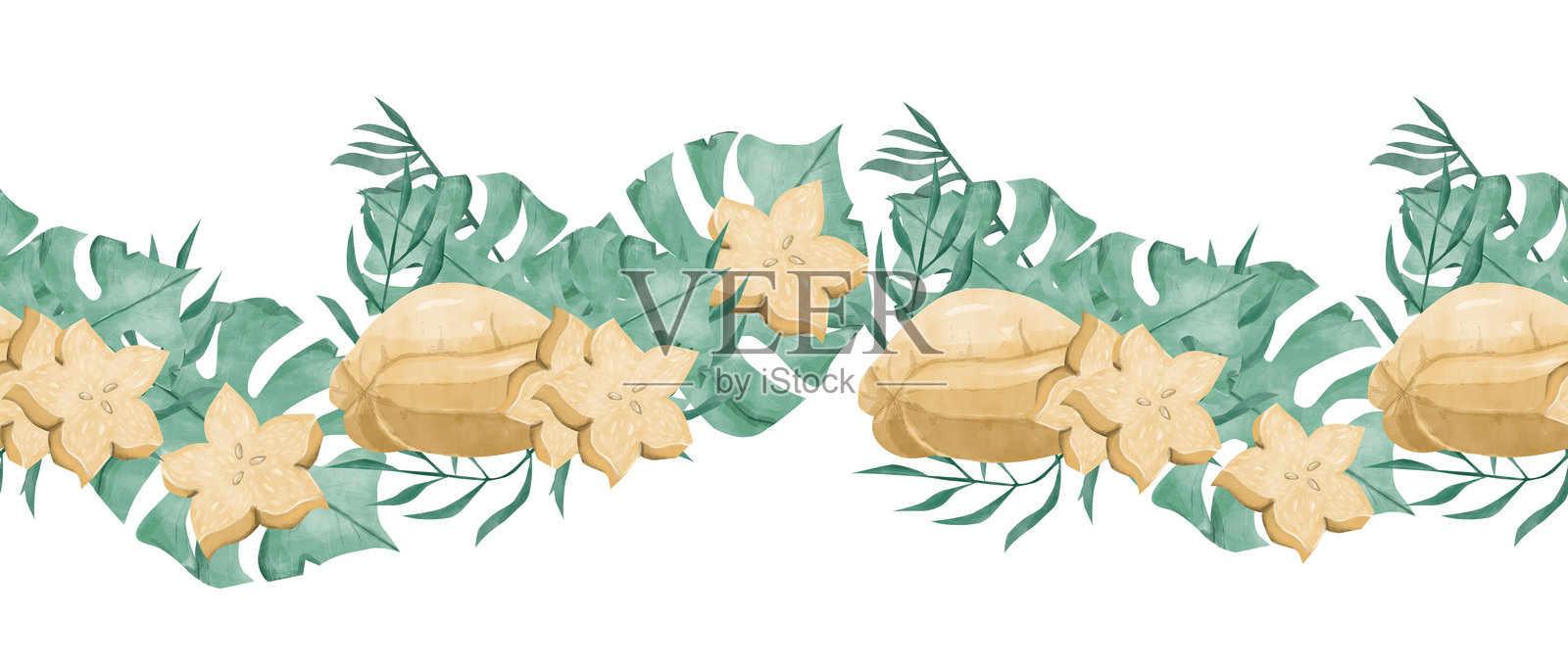 无缝水彩热带边框,配有成熟的杨桃水果和水果切片,郁郁葱葱的异国植物,适用于设计印刷、网页、纺织品、胶带及其他产品插画图片素材