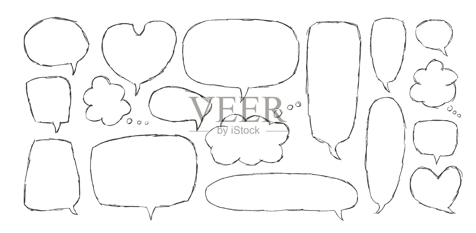 对话气泡集合。蜡笔涂鸦文字边框。聊天对话框。漫画对话云,使用粉笔或铅笔在白色背景上独立呈现。儿童风格的引述气球矢量插图。插画图片素材