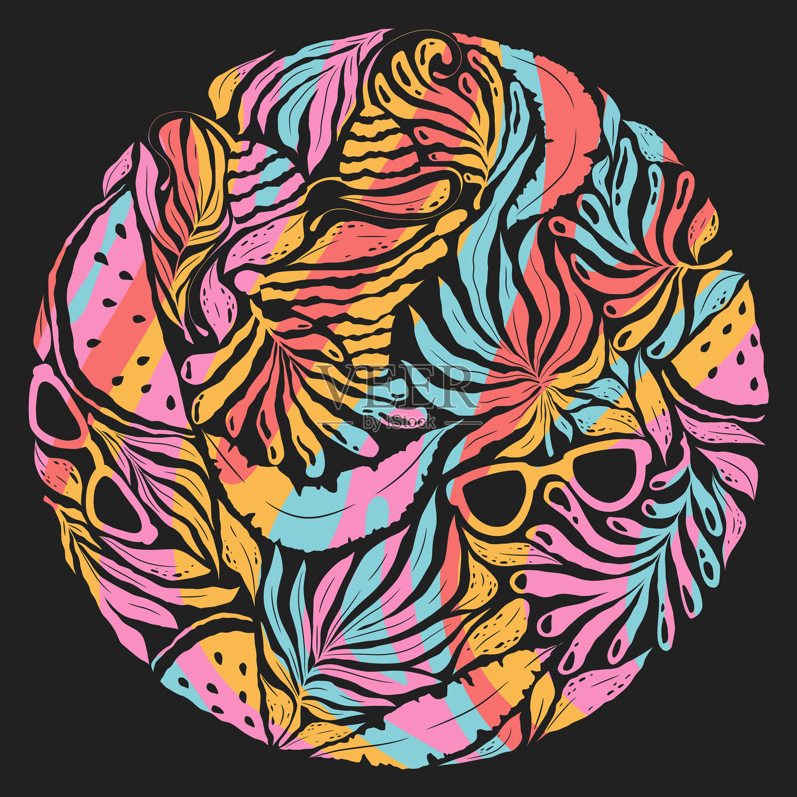 抽象手绘热带植物和海滩元素的矢量夏季插图,孤立在黑色背景上。色彩丰富的现代设计模板,适用于贺卡、邀请函、横幅和海报。插画图片素材