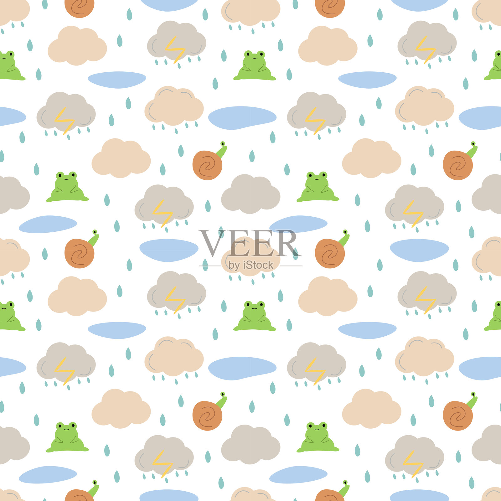 一个无缝图案,包含云彩、雨水、水洼、青蛙和蜗牛。插画图片素材