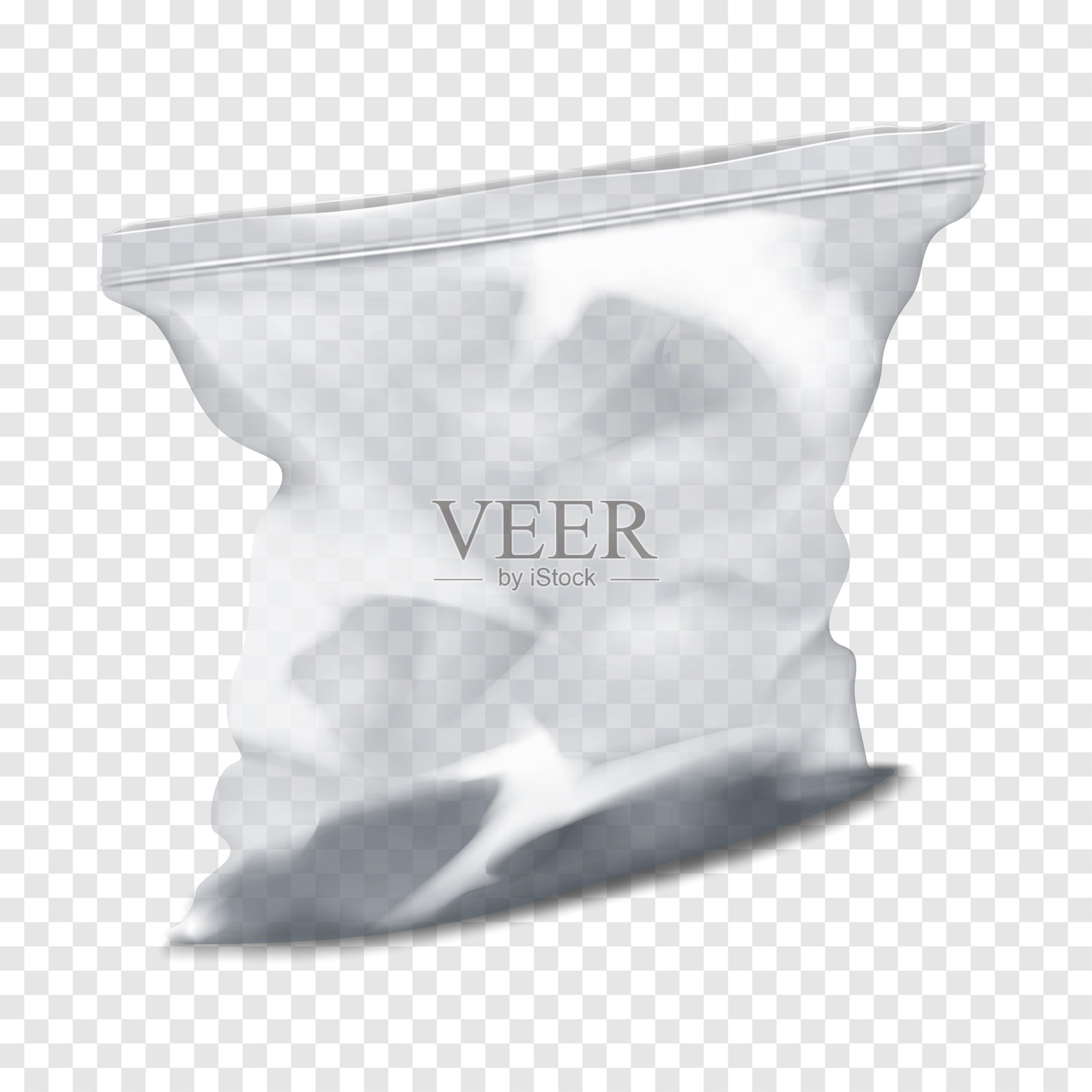 透明光滑的塑料袋,带拉链锁。逼真的3D矢量模型。透明空的拉链PVC包装。模型。可重新封口的乙烯基塑料袋。设计模板。插画图片素材