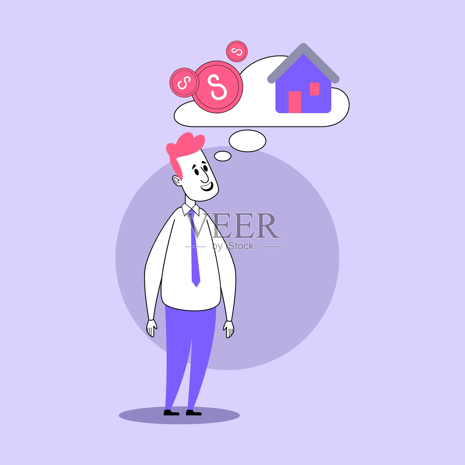一个男人梦想着财务成功和拥有自己的房子插画图片素材