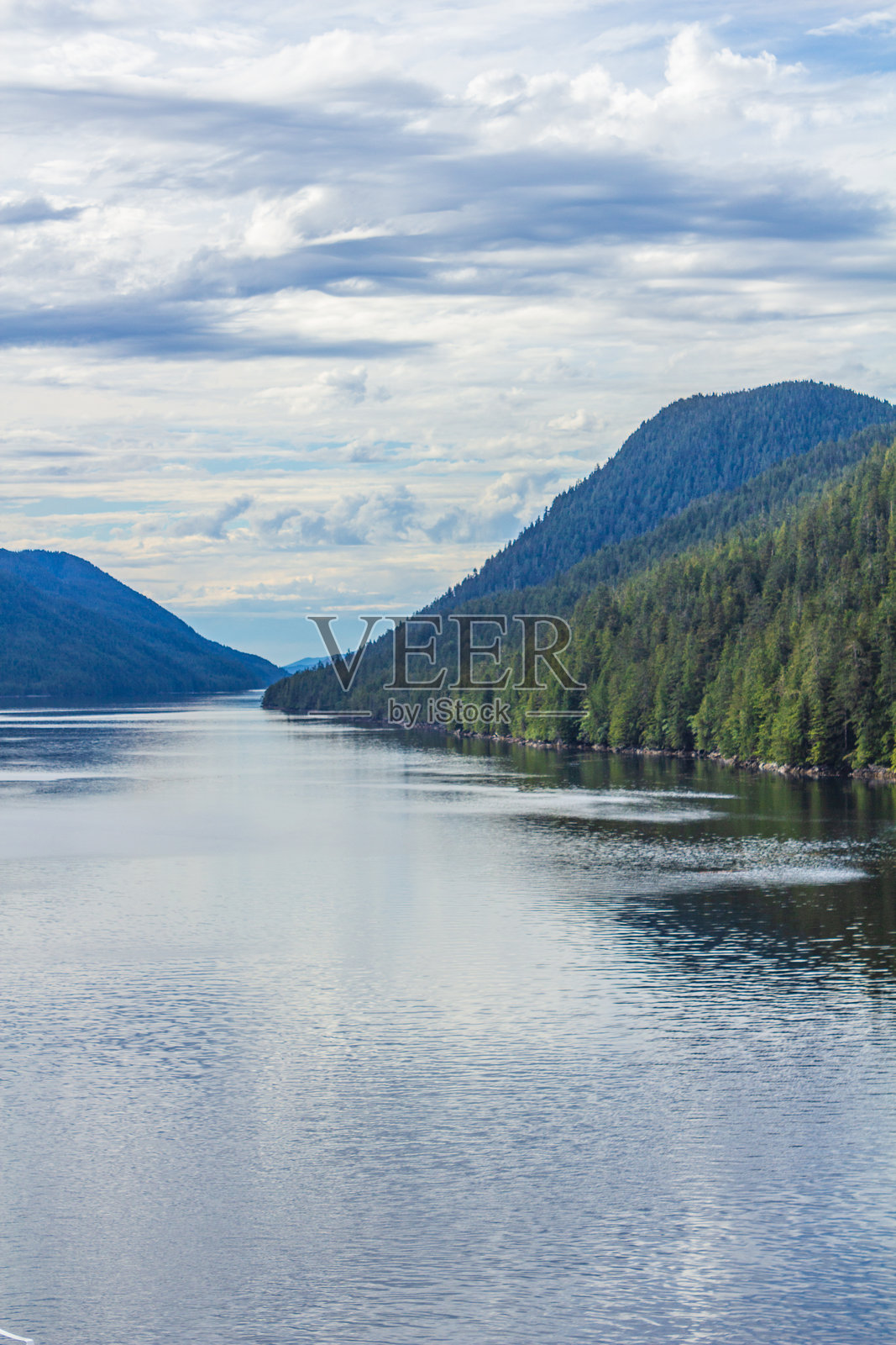 宁静的湖泊与郁郁葱葱的森林山脉和多云的天空照片摄影图片