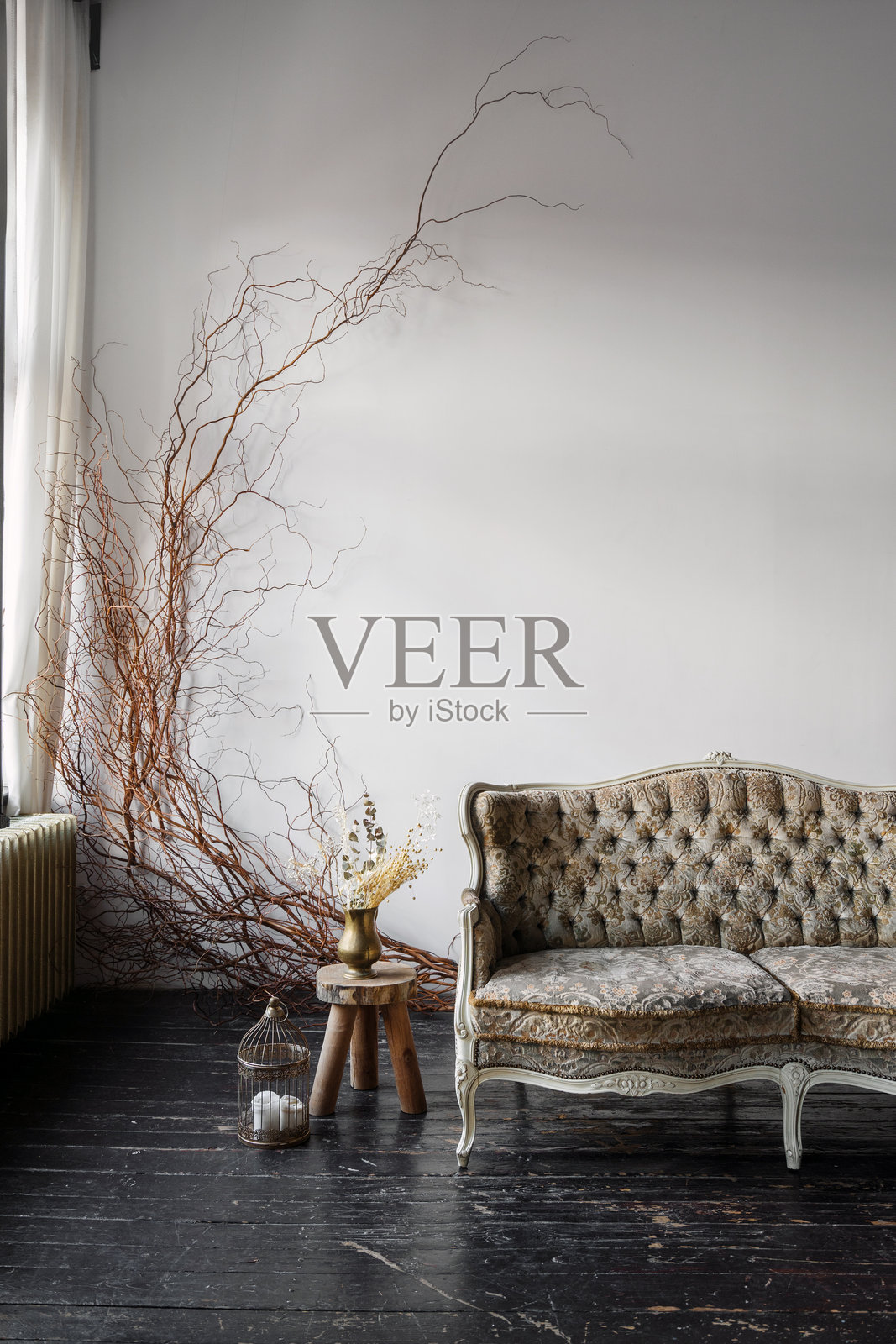 优雅的复古沙发与装饰性枝条,置于时尚的客厅环境中照片摄影图片