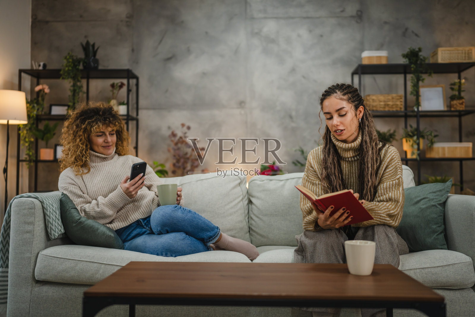 女性朋友们在沙发上享受时光,一人阅读书籍,另一人使用手机。照片摄影图片