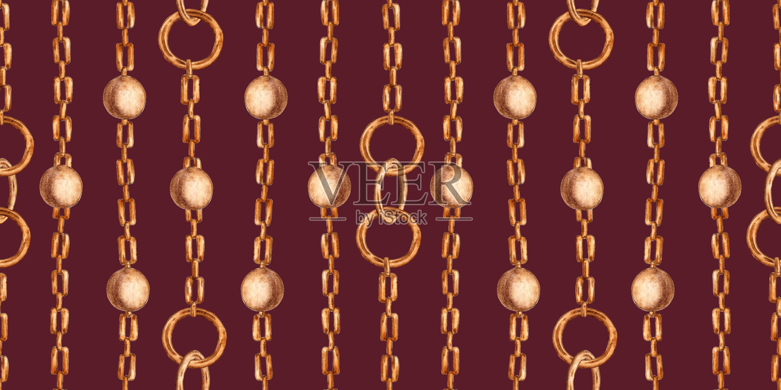 深红色背景上的链条、戒指和珠子图案水彩画插画图片素材