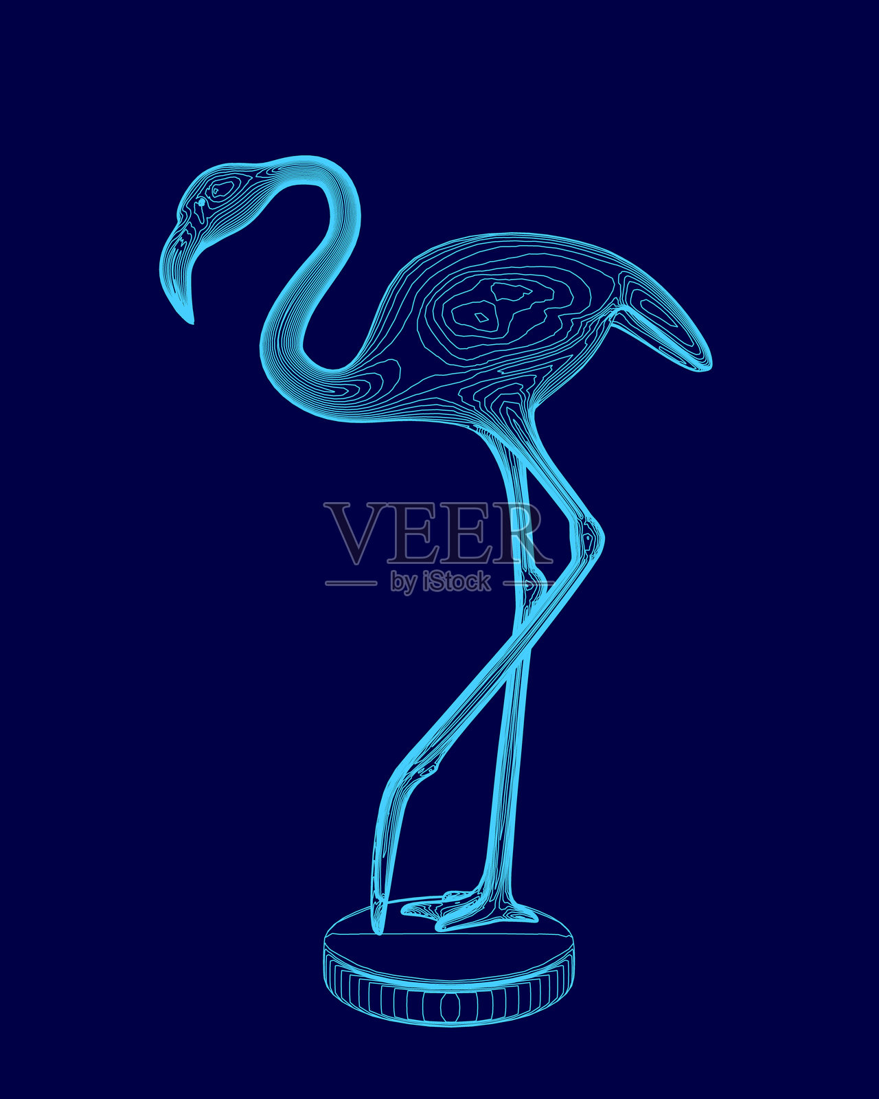 蓝色的火烈鸟雕像置于蓝色背景上。火烈鸟站在一个基座上。插画图片素材