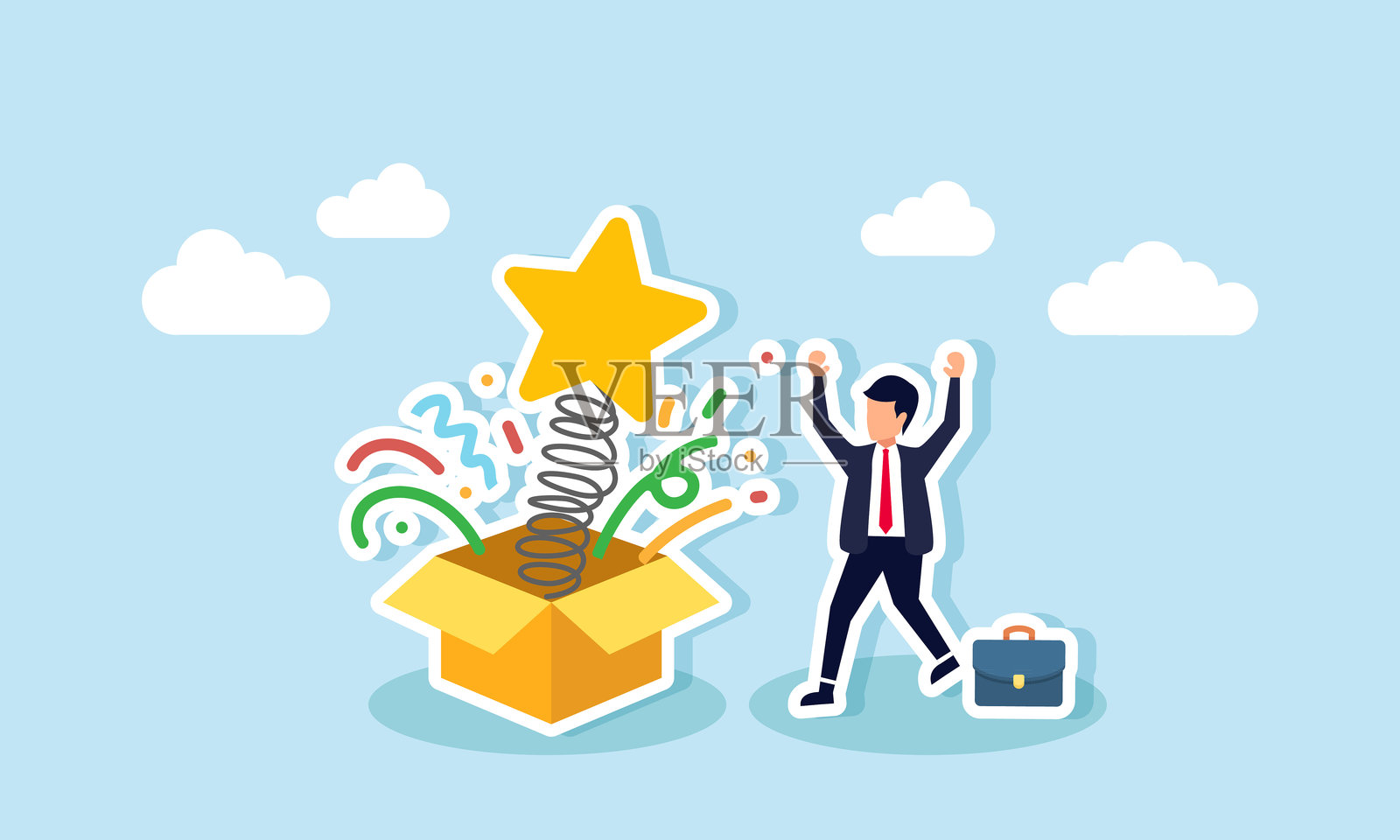 商人收到一个装有星星的礼品盒后欢呼雀跃,表现出因业务质量提升而感到的快乐。插画图片素材