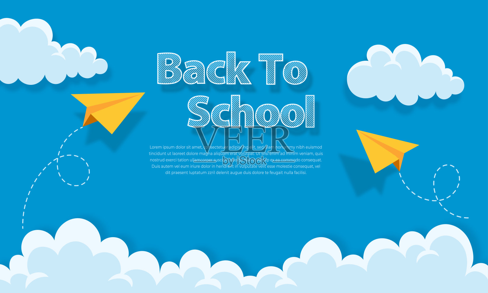 开学背景插图,蓝天背景上有云朵和纸飞机插画图片素材