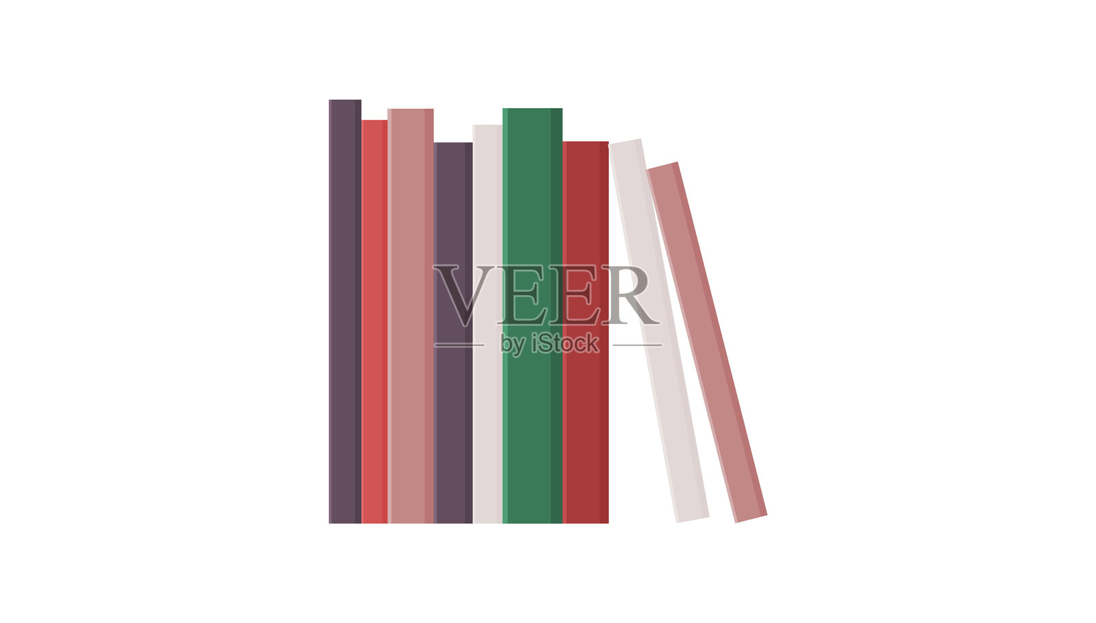 极简风格的书籍排列,五本书以中性色调直立放置,其中一本稍微倾斜。插画图片素材