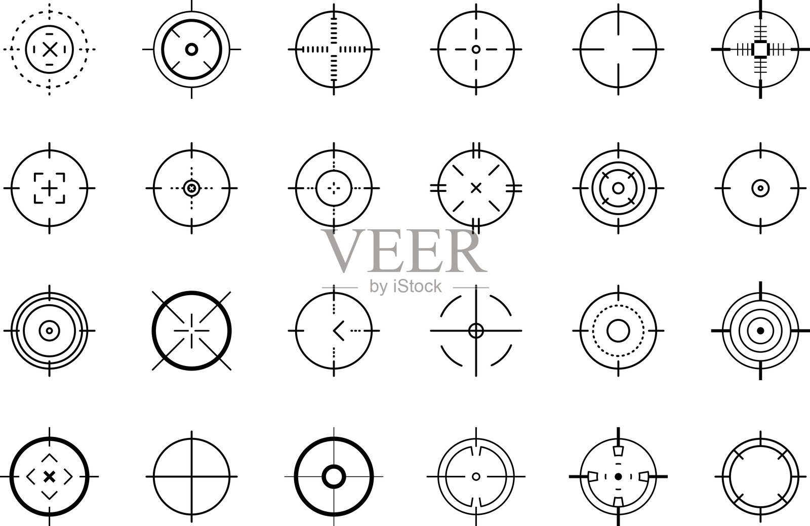 狙击步枪光学瞄准镜,武器瞄准器。带十字准线的狩猎枪瞄准器。十字准线枪瞄准图标集。靶心、目标或瞄准符号。射击标记。军事目标标志。游戏用户界面。矢量图。插画图片素材