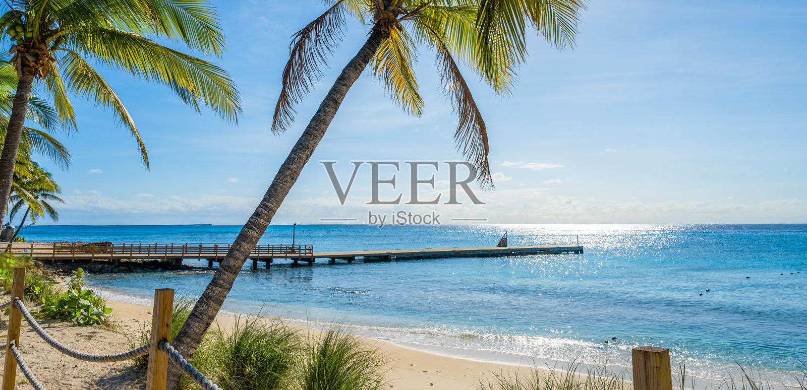 热带海滩,棕榈树和码头。大特克岛,土克凯科斯群岛。照片摄影图片