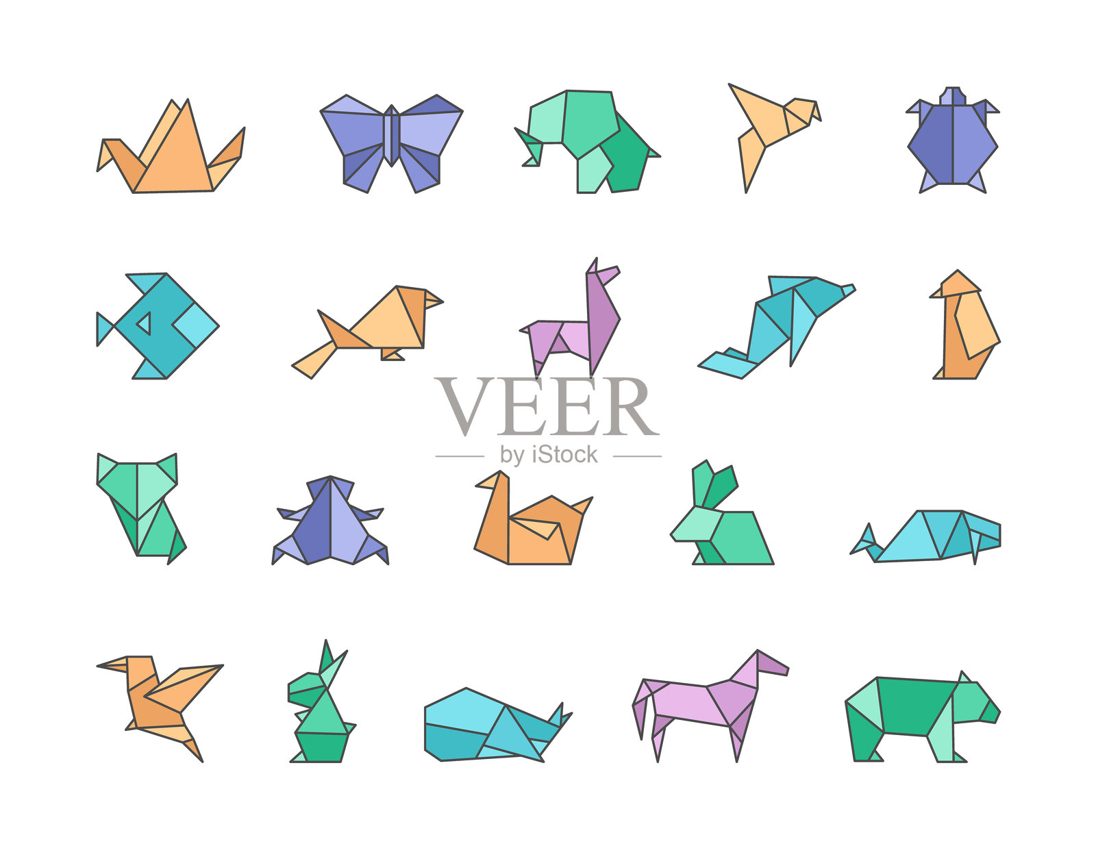 折纸几何动物。日本手工艺。矢量图。设计元素集合。插画图片素材