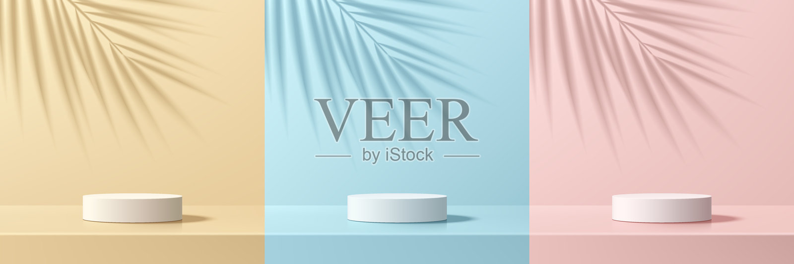 粉色、黄色和蓝色的3D圆柱形讲台背景,带有棕榈叶阴影墙场景。极简主义的展示台,抽象产品展示,舞台展示。平台矢量设计。插画图片素材