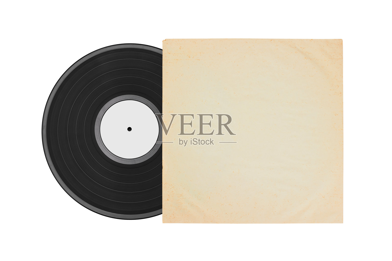 白色纸壳中的黑胶唱片。黑胶封套。模拟音效。经典音频。孤立在白色背景上。照片摄影图片