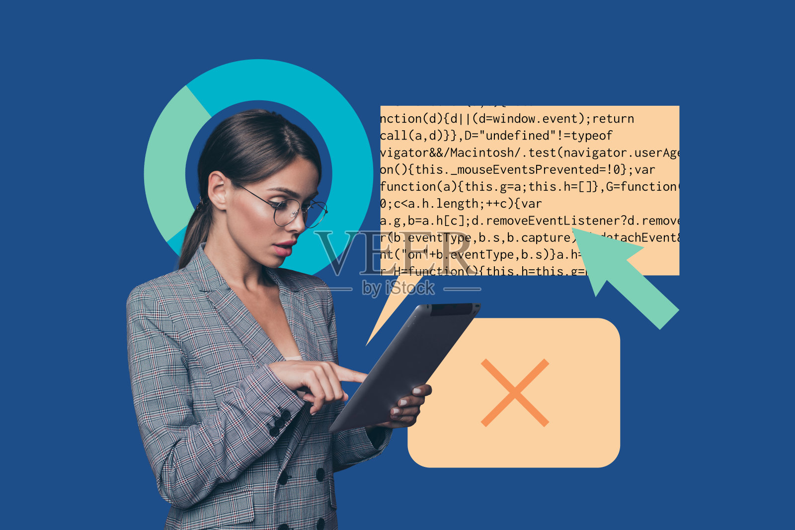 吸引人的女经理程序员数据科学编码应用数据优化的创意趋势拼贴,奇怪、怪异、不寻常的幻想照片摄影图片