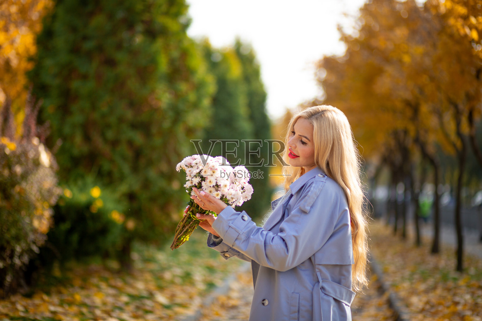 一位美丽的金发女子穿着雨衣,手捧一束菊花,走在城市秋季公园的小径上。照片摄影图片