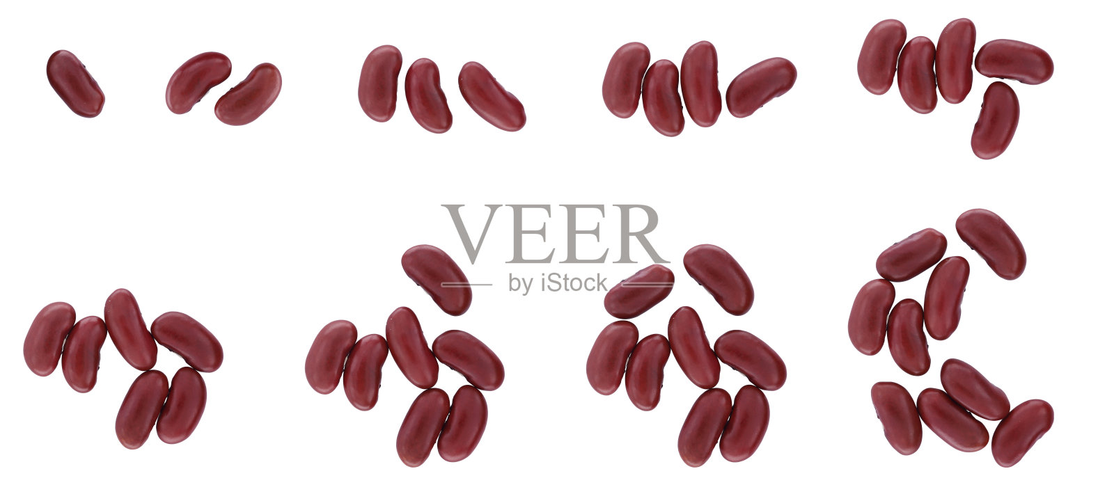 红豆堆成一堆。从上方俯视,红豆按数量从小到大排列,背景为白色。照片摄影图片