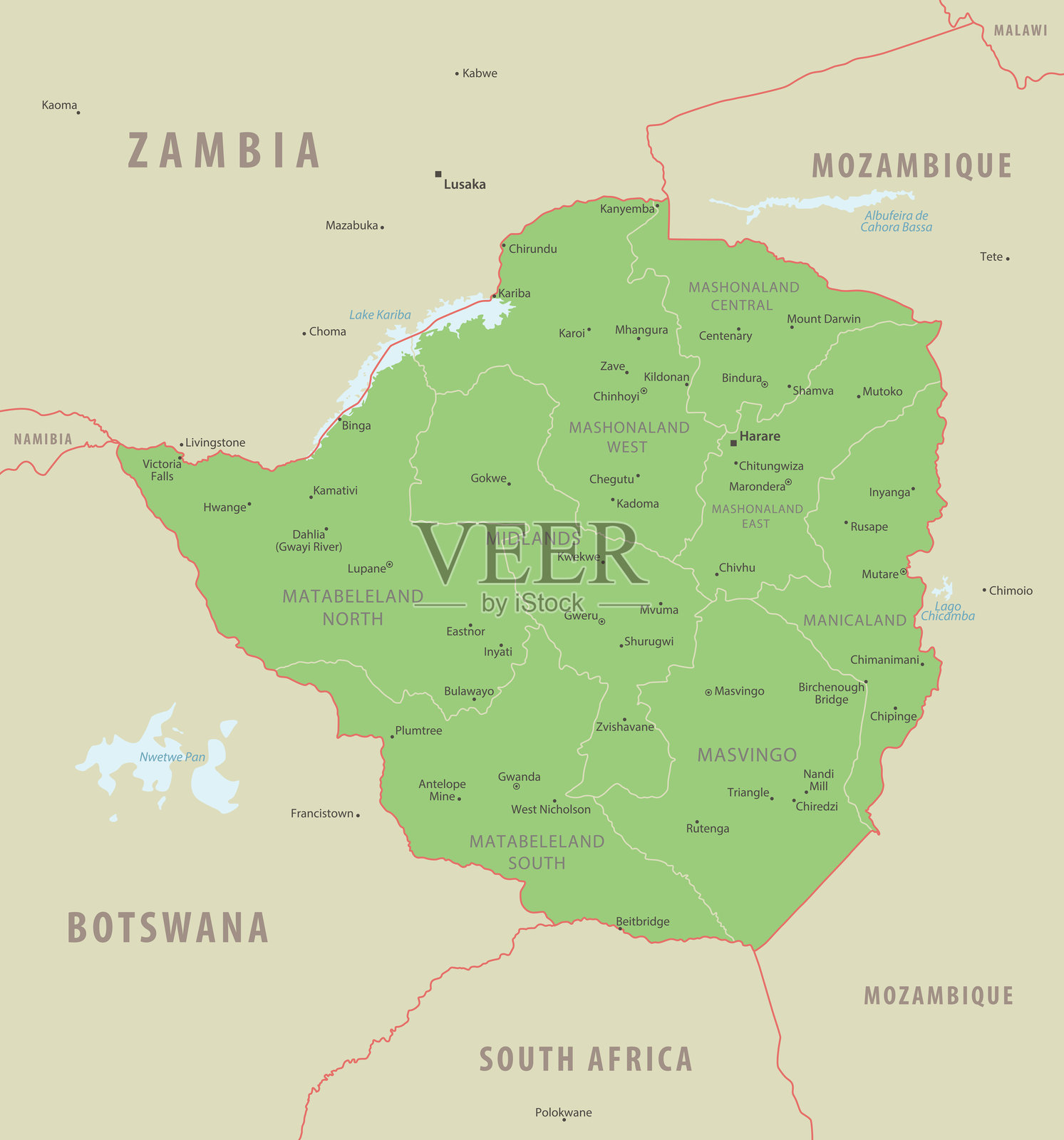 津巴布韦详细地图,显示该国的地区和城市。插画图片素材