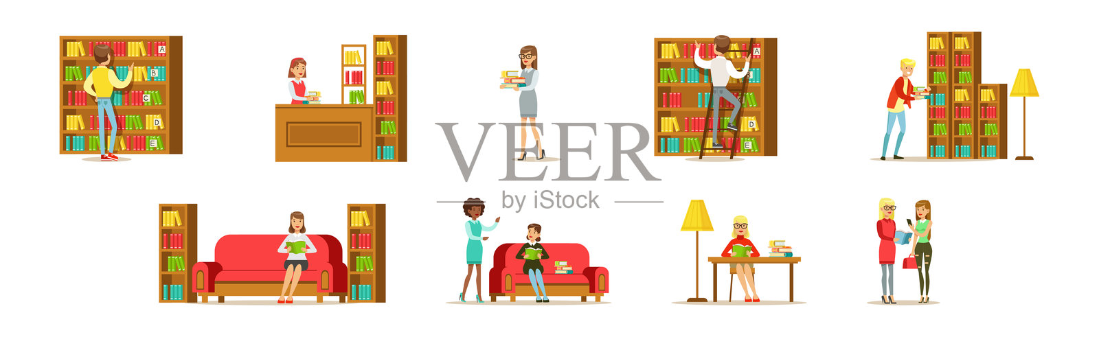 图书馆和书店中的人物角色与书籍矢量图集插画图片素材