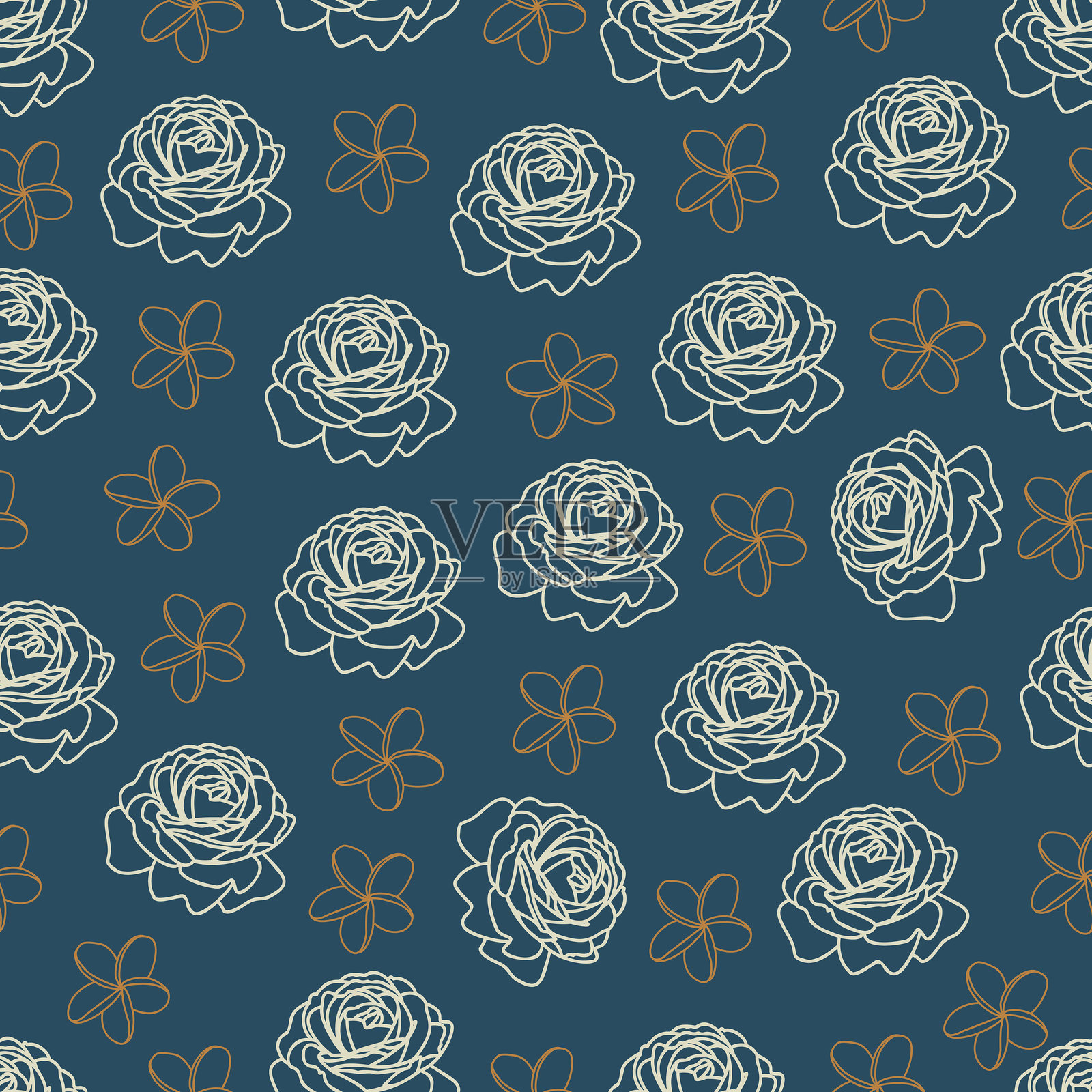线条绘制的玫瑰花无缝图案。玫瑰和缅甸花的花卉表面设计插画图片素材