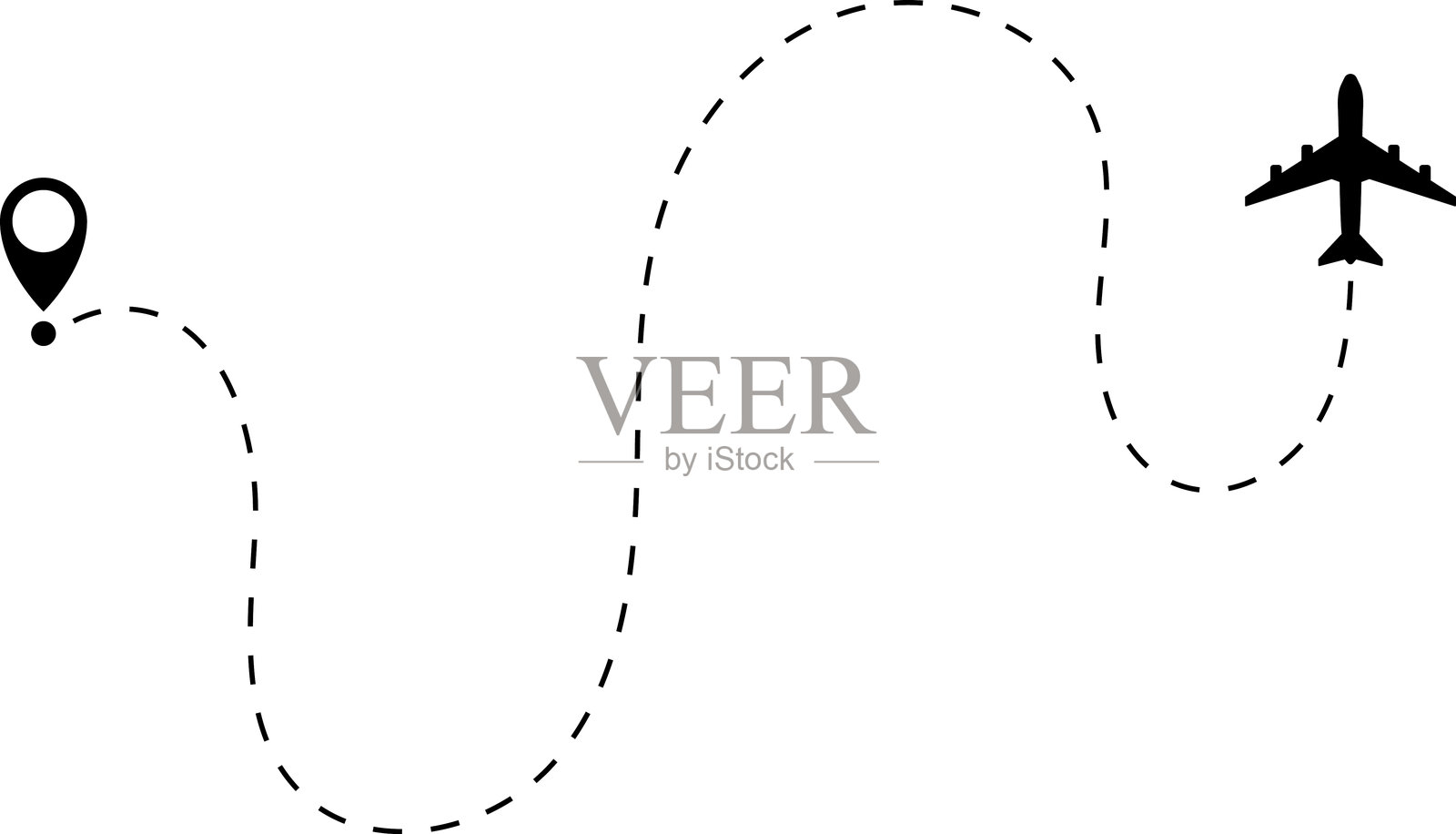 飞机航线路径矢量图标,显示飞机飞行路线的起点和虚线轨迹。热爱旅行的路线。飞机航线。旅行矢量图标。插画图片素材