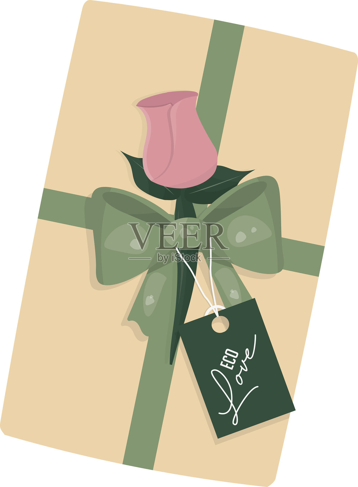 带有粉色玫瑰细节的可持续礼品盒,孤立在透明背景上。插画图片素材