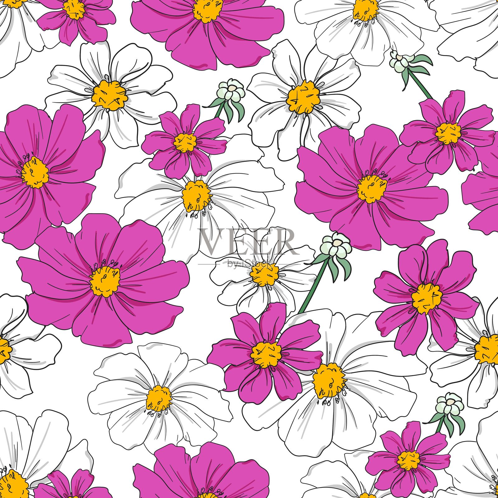 无缝图案草图,粉色和白色的洋甘菊花设计,蓝色背景,适用于纺织和面料装饰的矢量插图插画图片素材