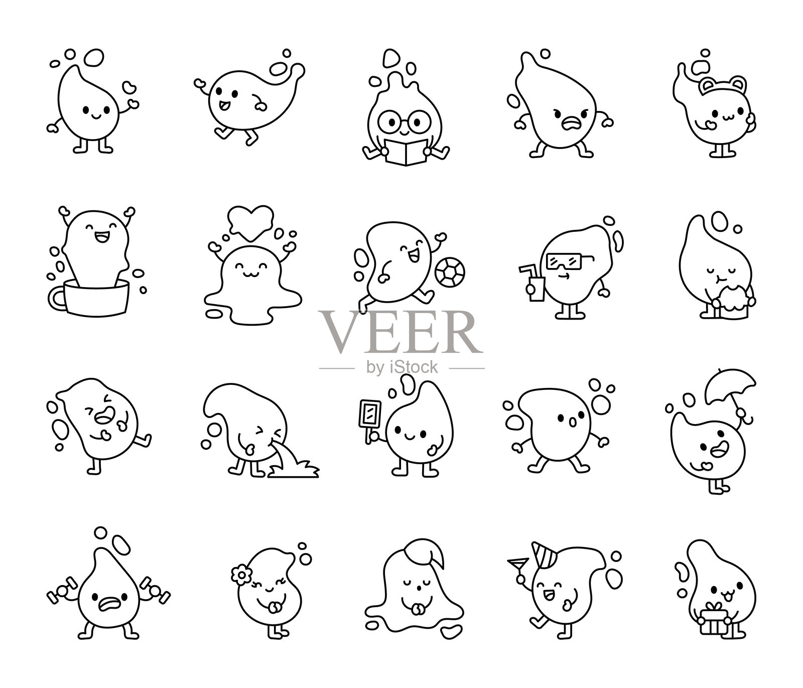 可爱的水滴卡通角色组合,展示各种情感和活动,包括微笑、打招呼、惊讶、庆祝等,适用于创意和情感设计。插画图片素材