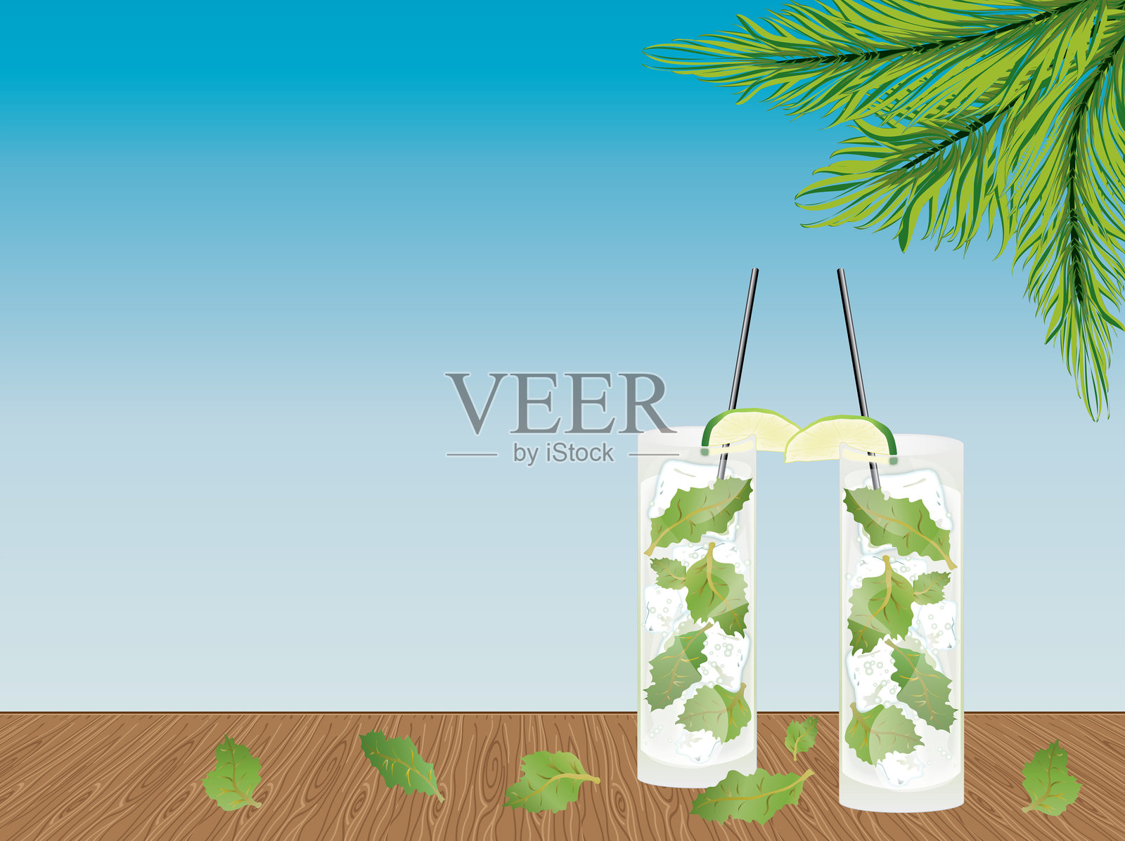 桌子上的莫吉托鸡尾酒插画图片素材