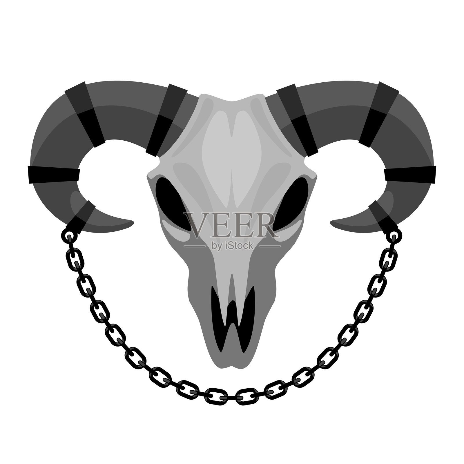 一只灰色的公羊头骨,角上缠绕着铁链,背景为白色。插画图片素材