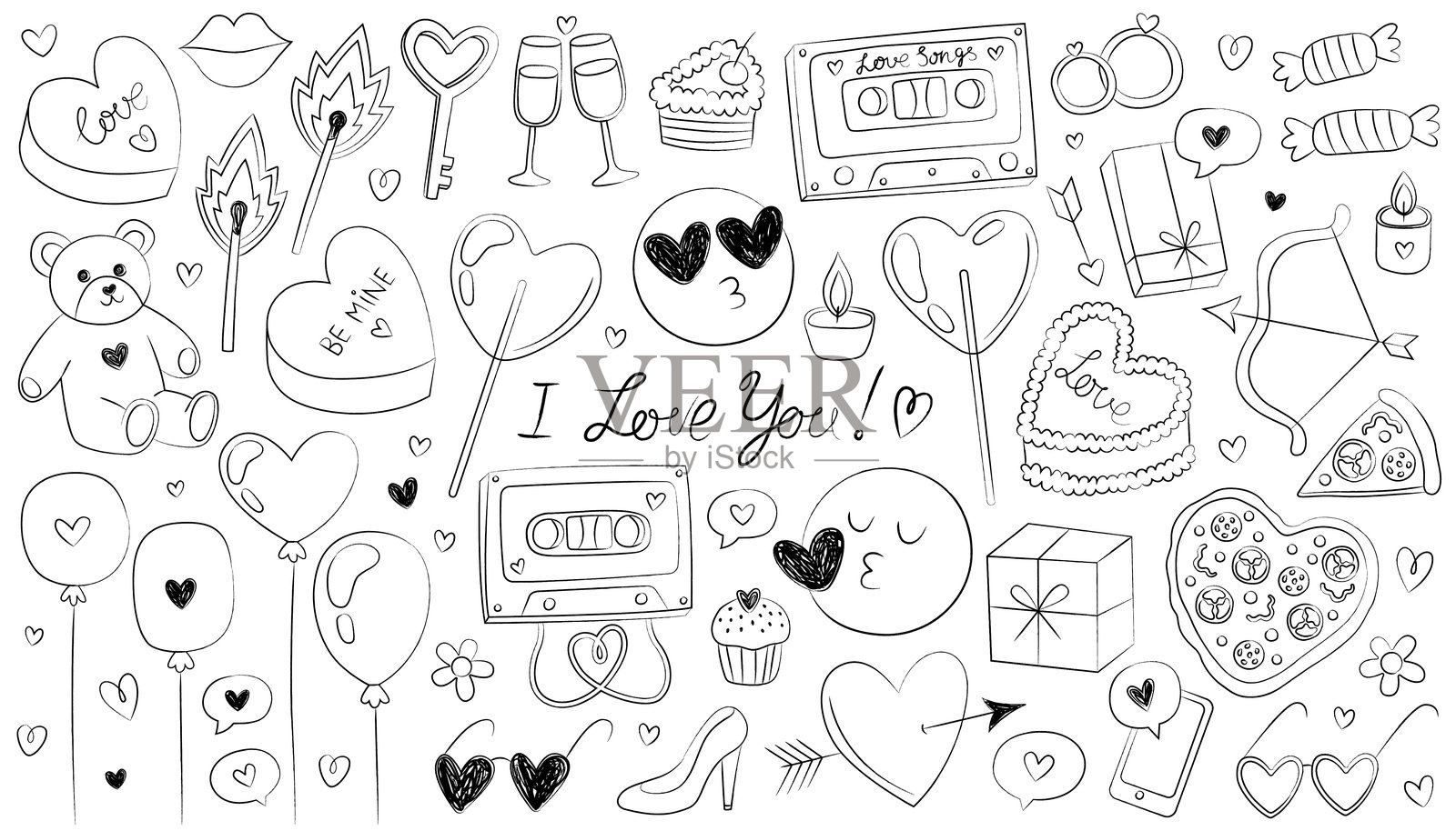 情人节、爱情和浪漫的涂鸦图标合集,手绘轮廓插图插画图片素材