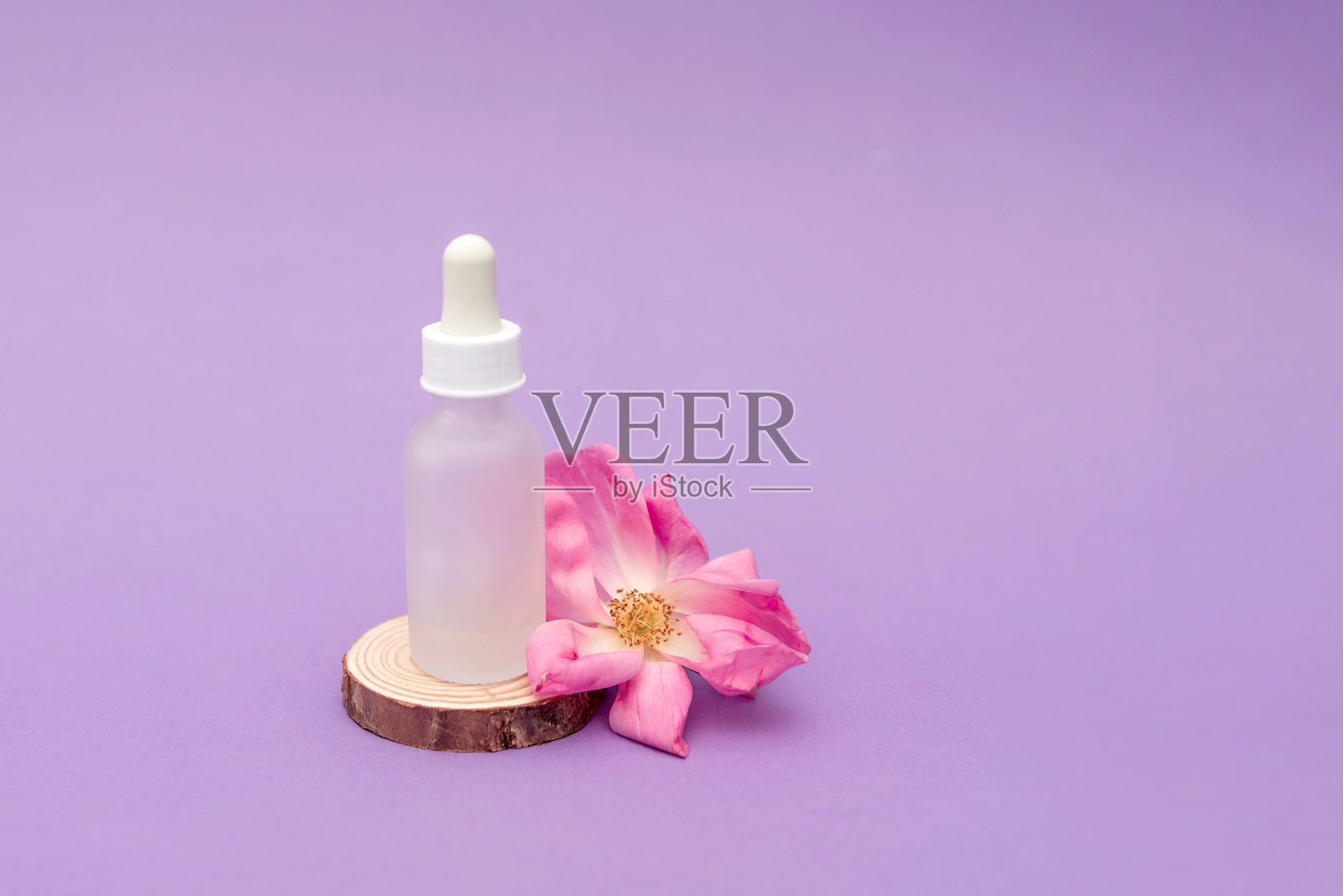 带滴管的化妆精华瓶躺在木片上,旁边有粉色玫瑰花,背景为紫色。照片摄影图片