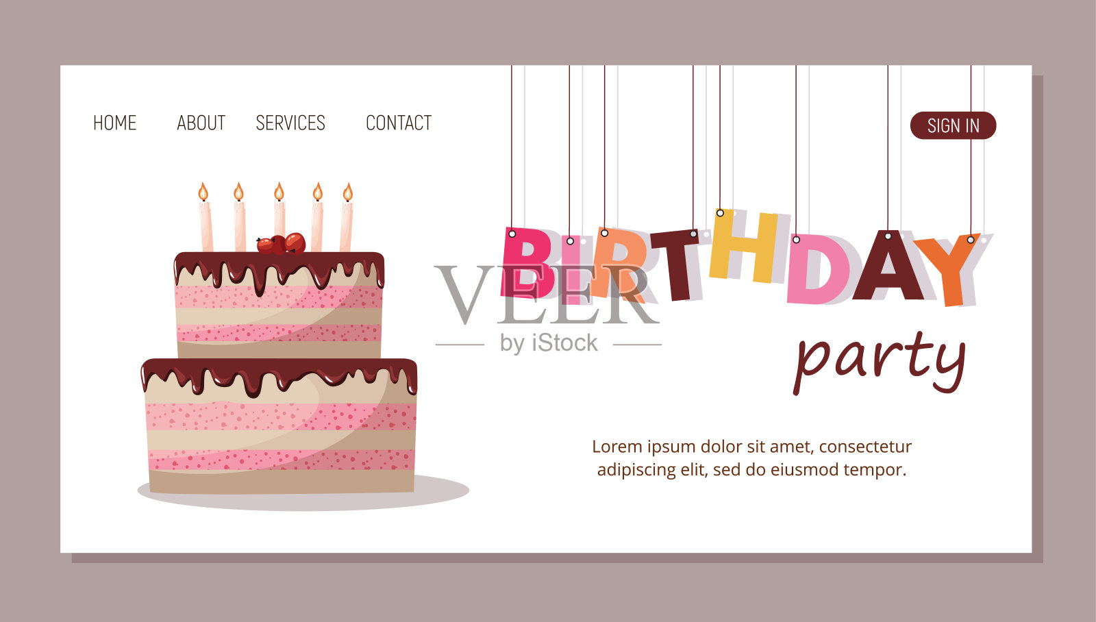 生日快乐网站页面概念。带蜡烛的生日蛋糕。插画图片素材