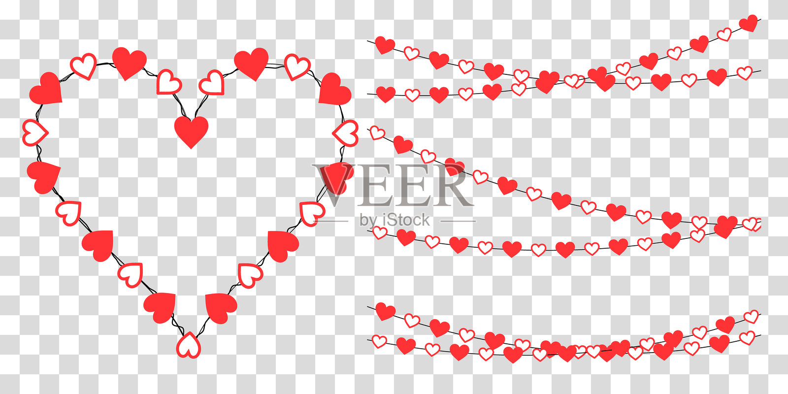 爱情主题装饰:浪漫庆祝活动的心形花环设计。红色纸心和无缝图案,适用于情人节、婚礼卡片、邀请函和周年纪念数字艺术作品。插画图片素材