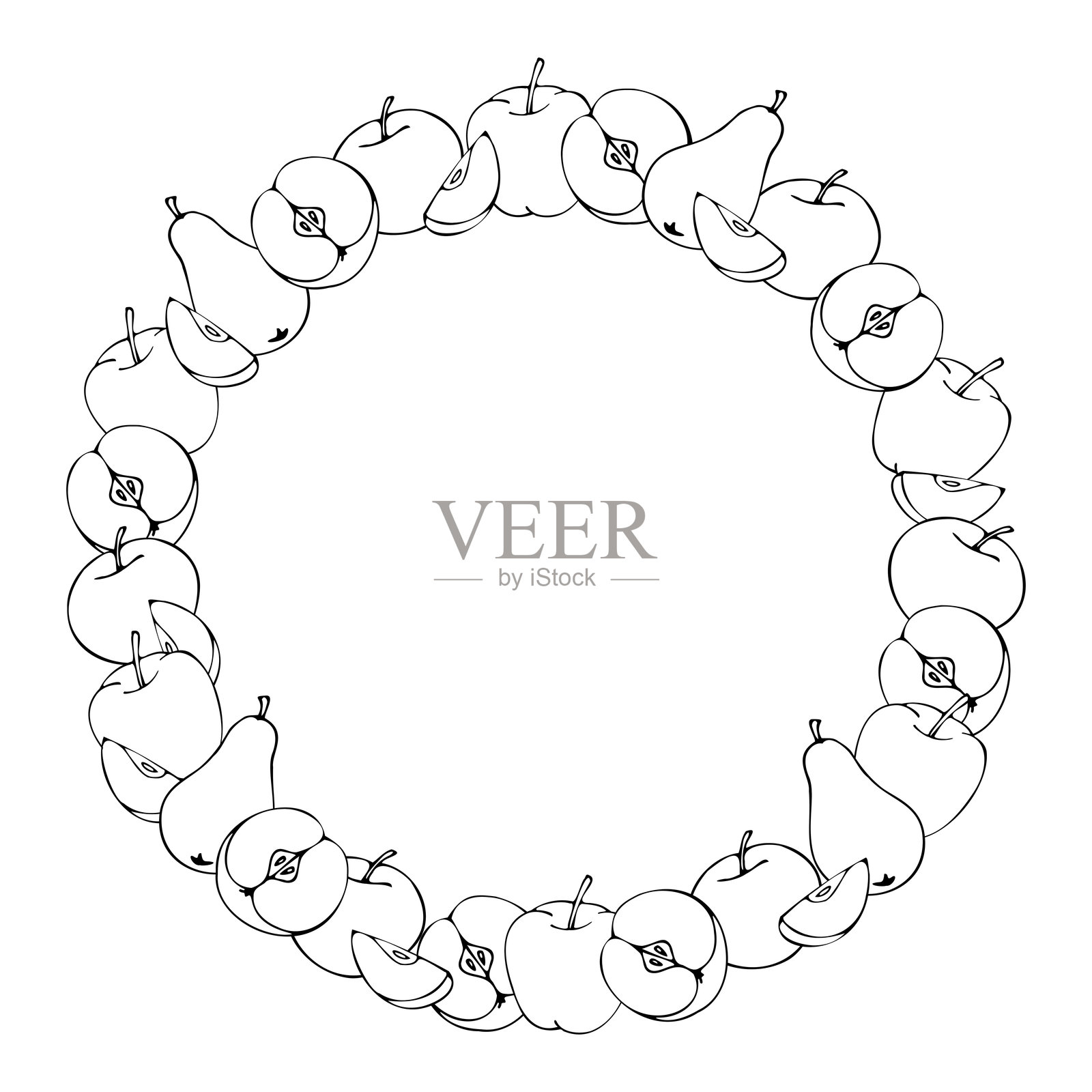 圆形苹果和梨的框架,轮廓图案,手绘卡通风格。插画图片素材