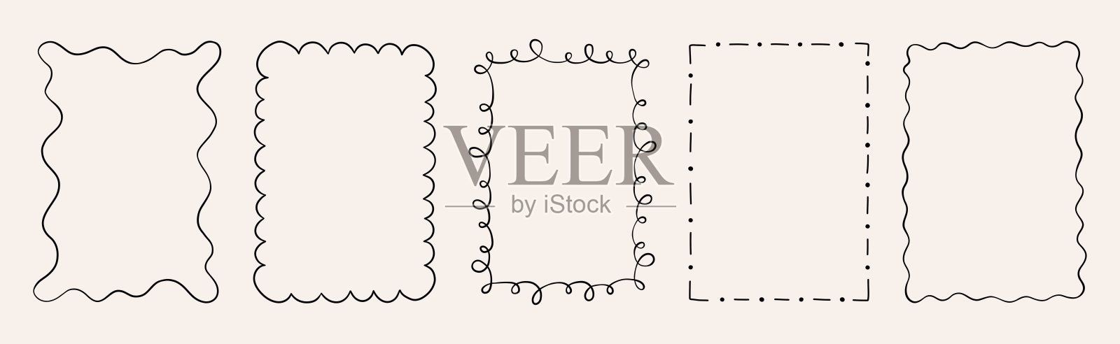 一组装饰性的手绘涂鸦矩形框。简单而优雅的轮廓,具有波浪形、卷曲和虚线。非常适合设计卡片、邀请函和创意项目。插画图片素材